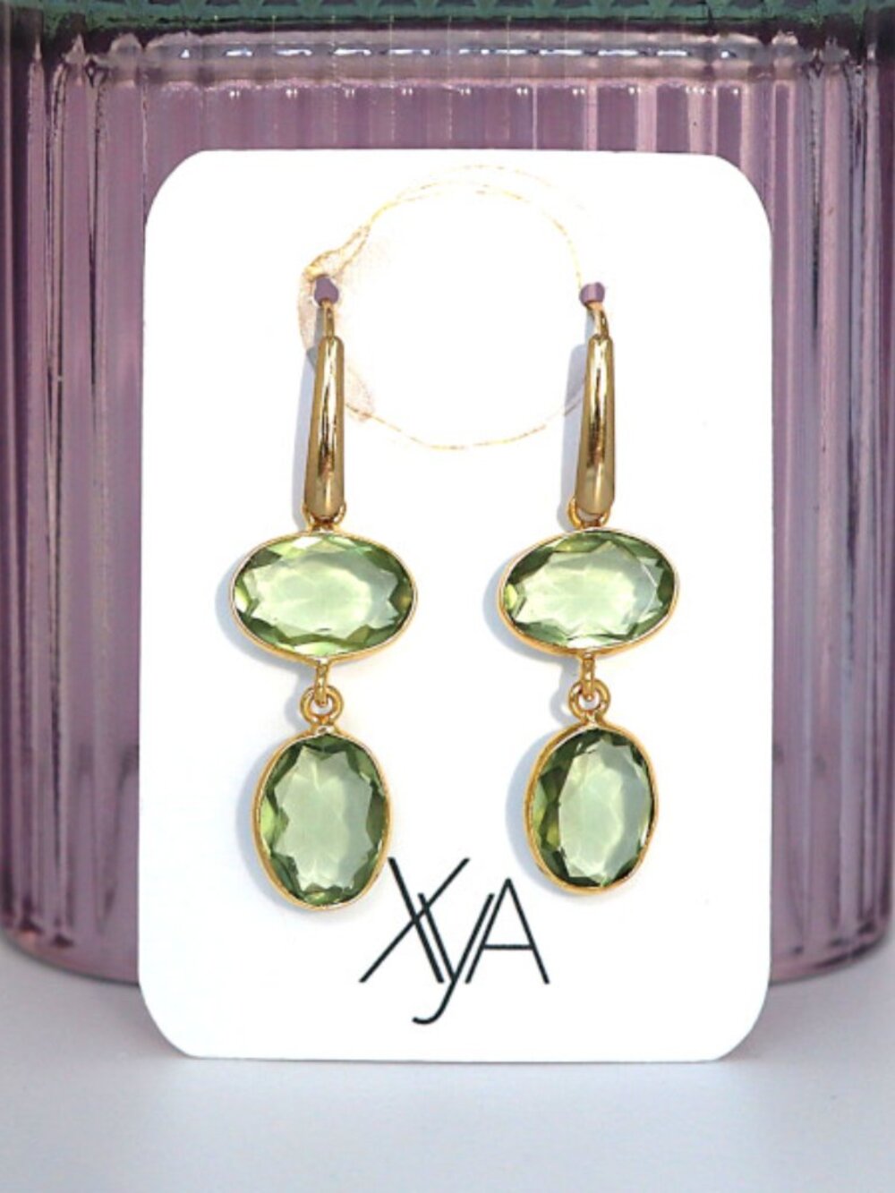 GREEN AMETHYST DANGLE EARRINGS - GOLD TONE
